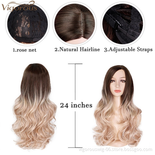 Vigorous Long Ombre Light Auburn To Blonde Synthetic Wigs Middle Part Water Wave Cosplay Wig For Woman Heat Resistant Fibre